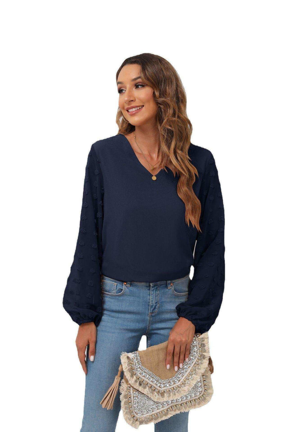 Swiss Dot Balloon Sleeve Blouse - Trendsi - Flyclothing LLC