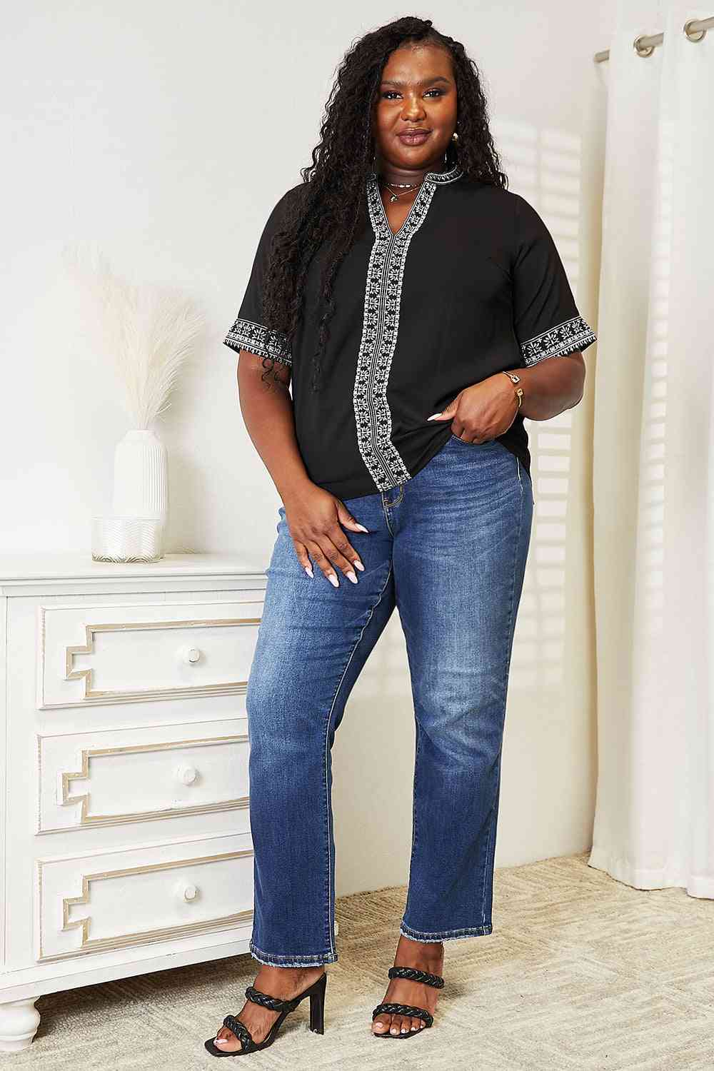 Double Take Embroidered Notched Neck Top - Trendsi - Flyclothing LLC