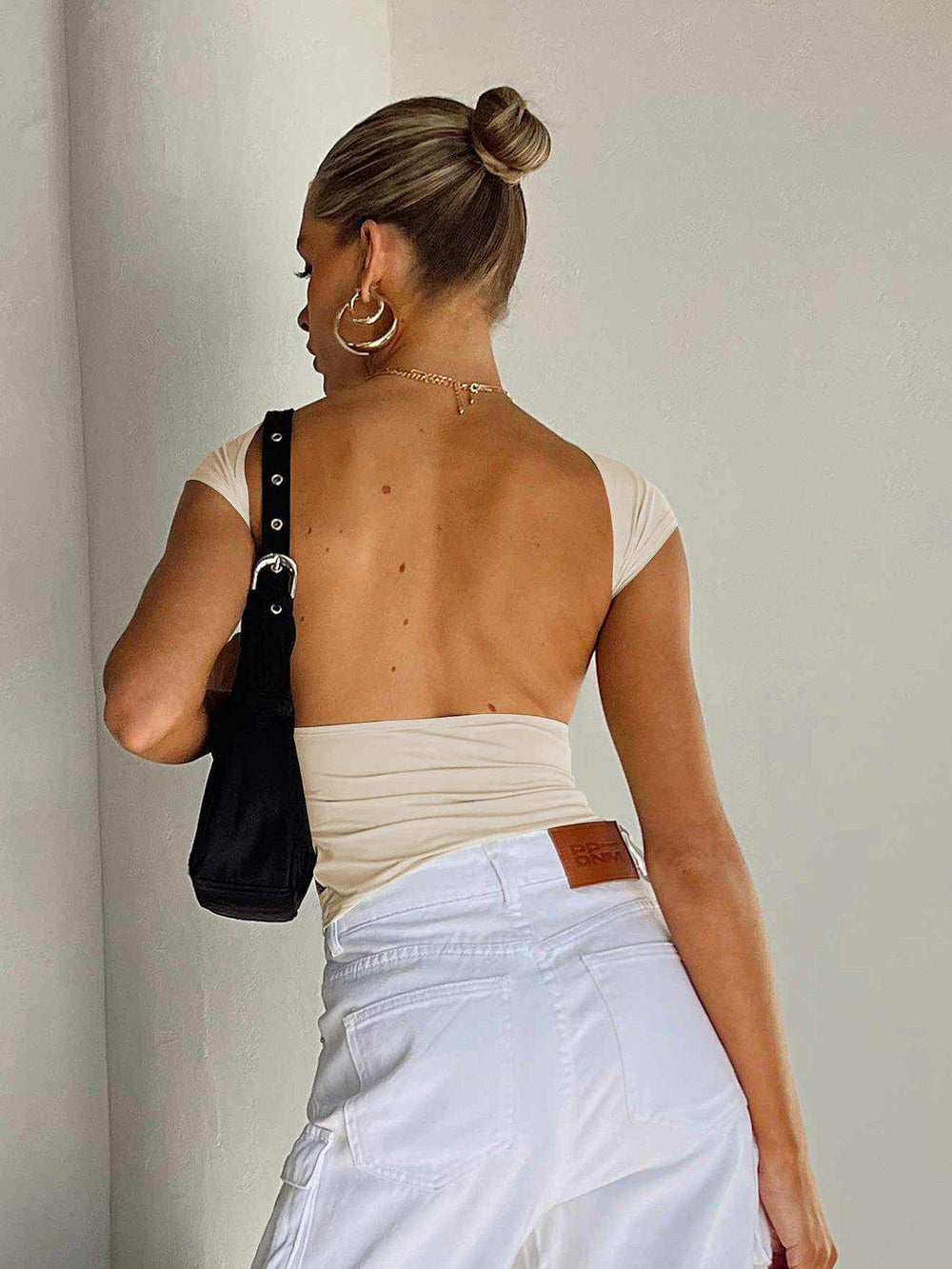 Backless Short Sleeve Cropped Blouse - Trendsi - Flyclothing LLC