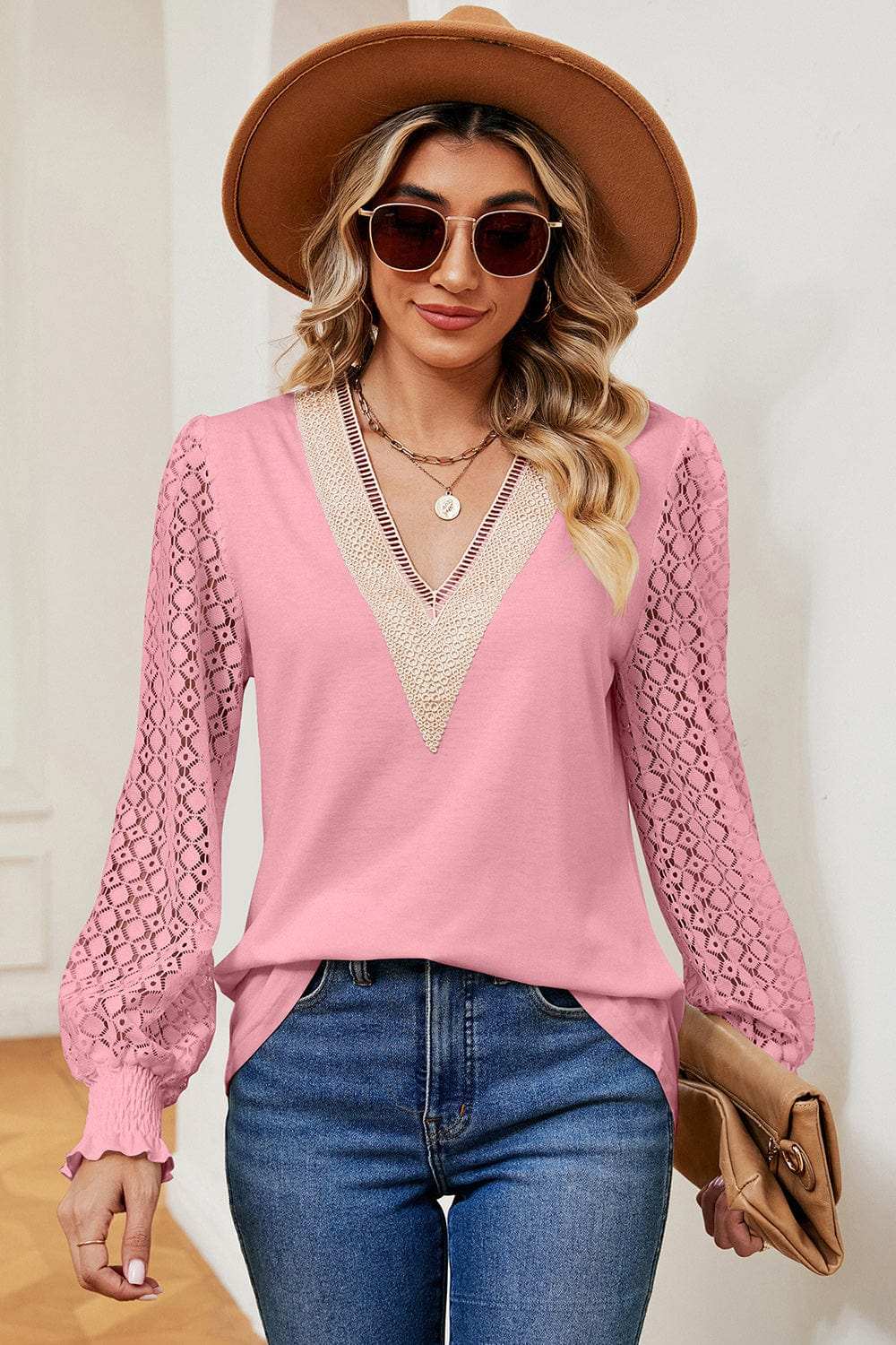 Openwork V-Neck Long Sleeve T-Shirt - Trendsi - Flyclothing LLC