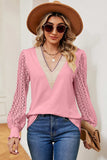 Openwork V-Neck Long Sleeve T-Shirt - Trendsi - Flyclothing LLC