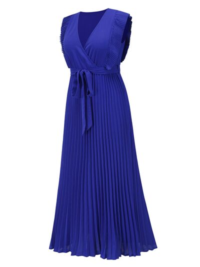 Tied Surplice Cap Sleeve Pleated Dress - Flyclothing LLC