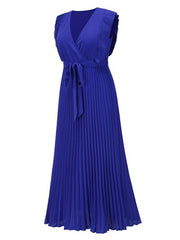 Tied Surplice Cap Sleeve Pleated Dress - Flyclothing LLC