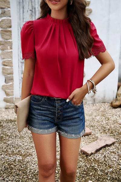 Ruched Mock Neck Short Sleeve Blouse - Trendsi - Flyclothing LLC