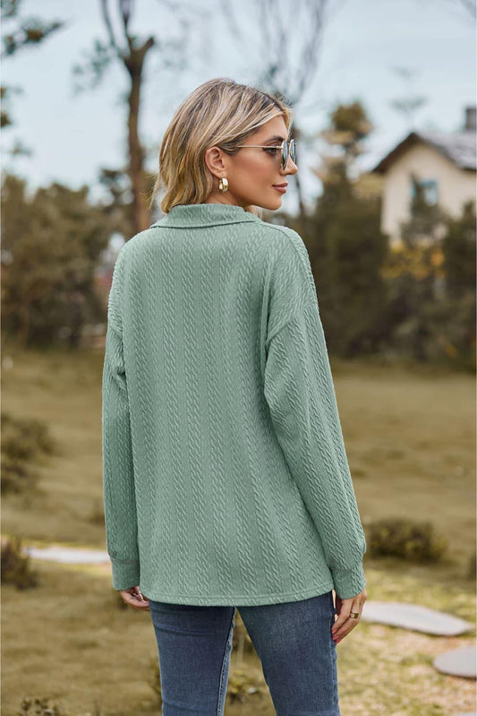 Collared Neck Cable-Knit Long Sleeve Blouse - Trendsi