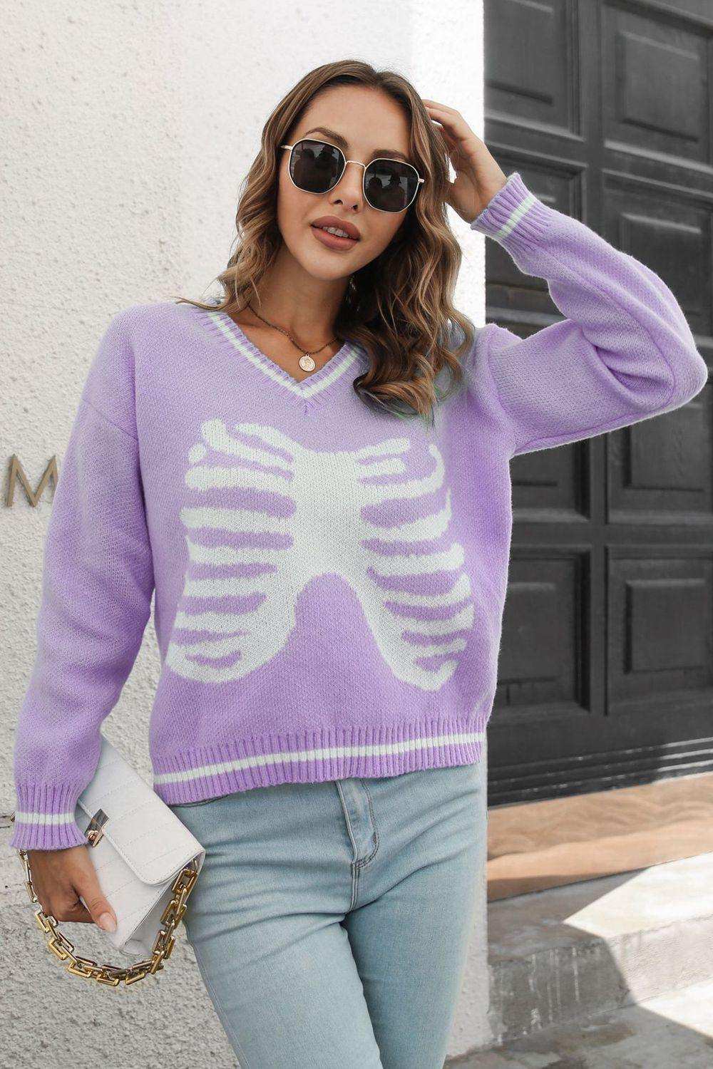 Skeleton Pattern V-Neck Long Sleeve Pullover Sweater - Trendsi