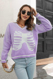 Skeleton Pattern V-Neck Long Sleeve Pullover Sweater - Trendsi