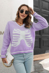 Skeleton Pattern V-Neck Long Sleeve Pullover Sweater - Flyclothing LLC