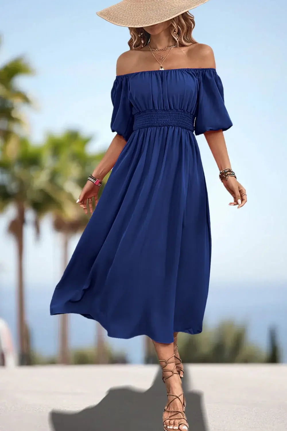 Square Neck Smocked Waist Puff Sleeve Midi Dress - Trendsi - Flyclothing LLC