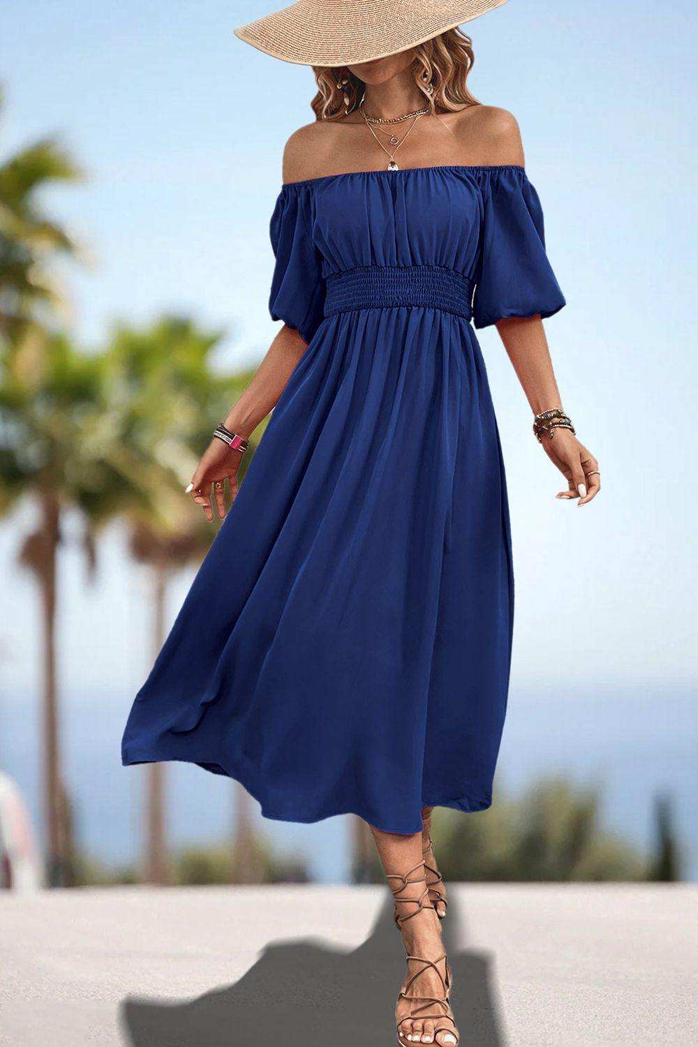 Square Neck Smocked Waist Puff Sleeve Midi Dress - Trendsi - Flyclothing LLC