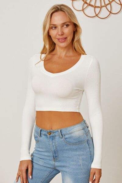 Round Neck Long Sleeve Cropped T-Shirt - Trendsi - Flyclothing LLC