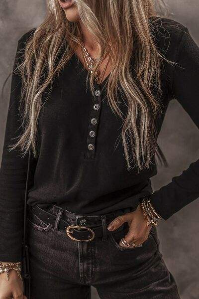 V-Neck Half Button long Sleeve T-Shirt - Trendsi - Flyclothing LLC