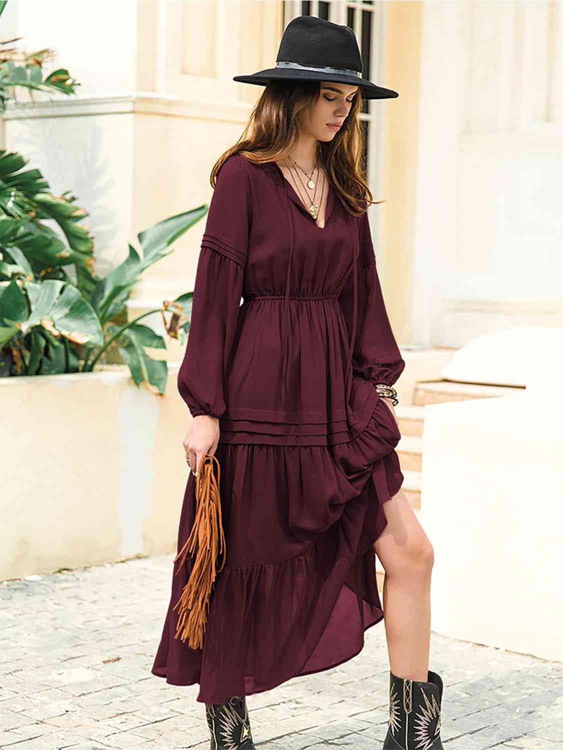 Tie Neck Long Sleeve Midi Tiered Dress - Trendsi - Flyclothing LLC