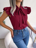 Tie Neck Cap Sleeve Blouse - Trendsi - Flyclothing LLC