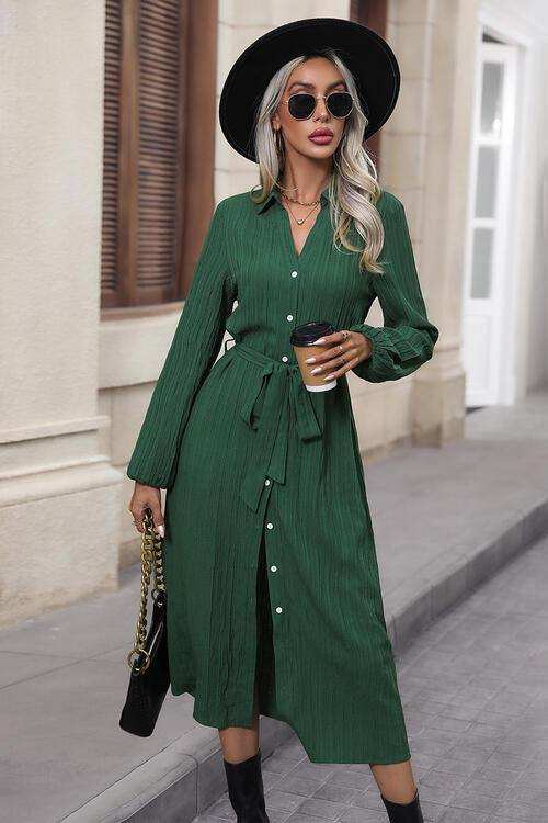 Texture Tied Collared Neck Button Front Dress - Trendsi - Flyclothing LLC