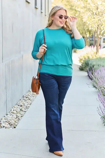 Basic Bae Full Size Round Neck Batwing Sleeve Blouse - Trendsi - Flyclothing LLC