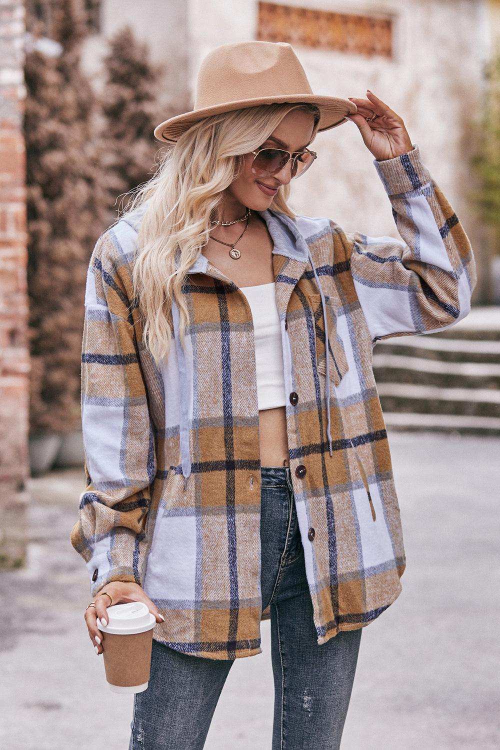 Plaid Dropped Shoulder Hooded Jacket - Trendsi - Flyclothing LLC