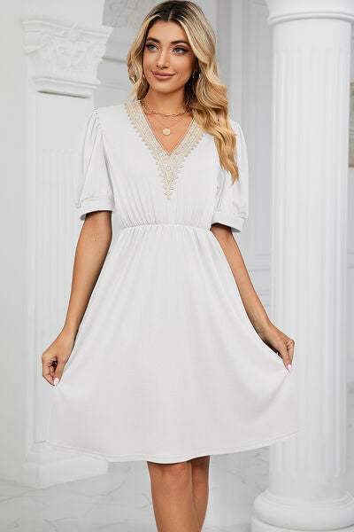 V-Neck Puff Sleeve Dress - Trendsi - Flyclothing LLC