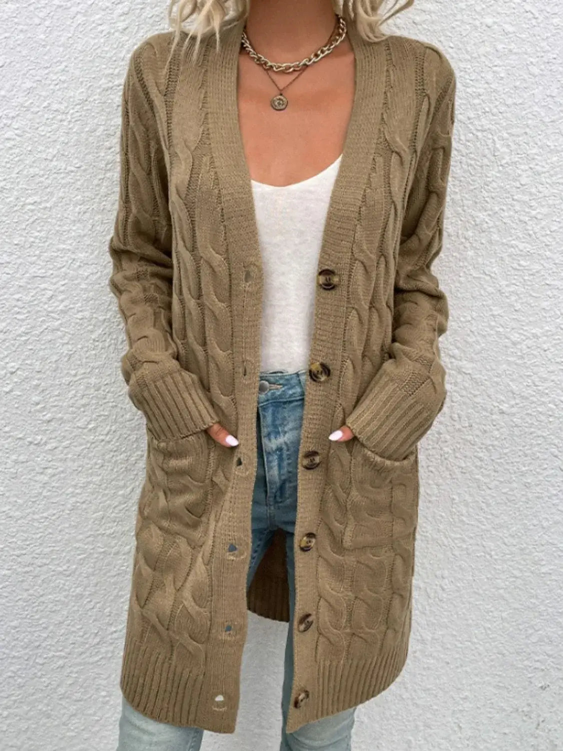 Cable-Knit Button Down Cardigan with Pockets - Trendsi - Flyclothing LLC