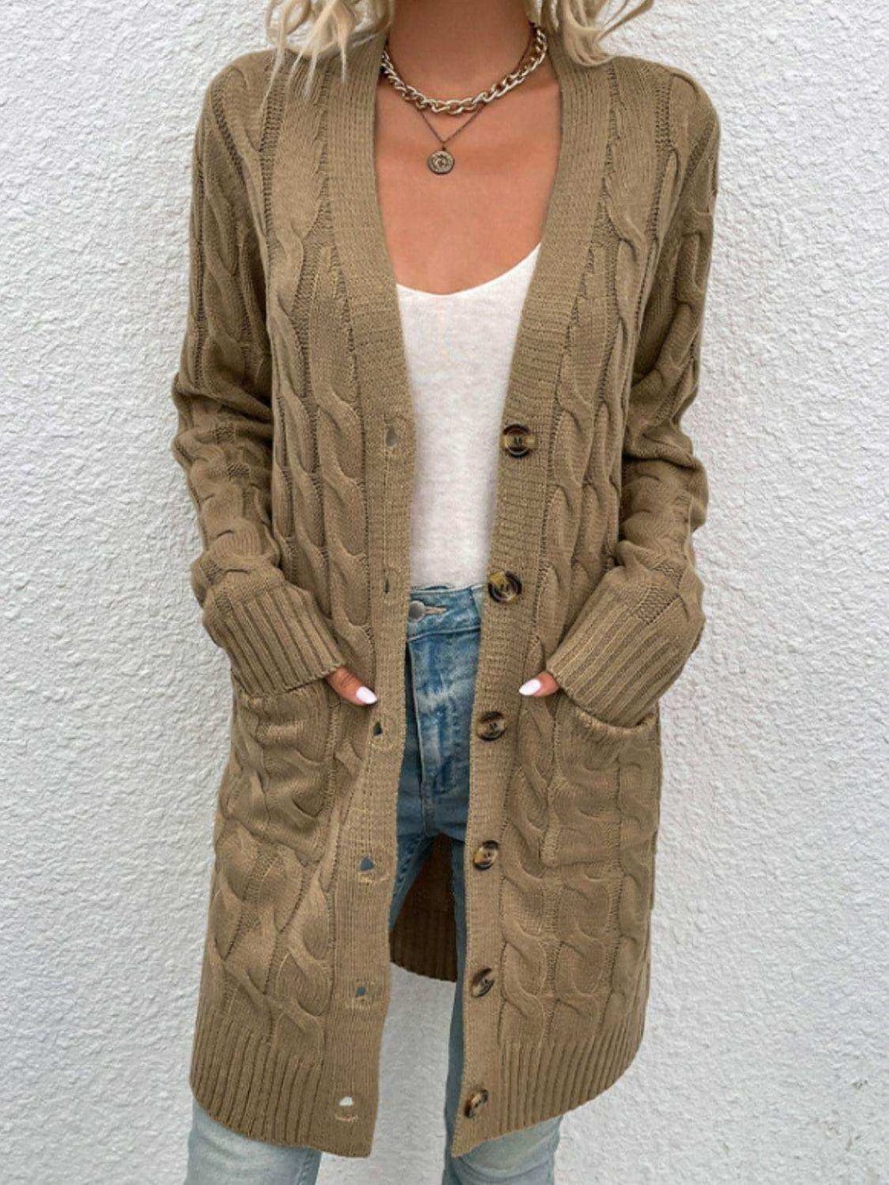 Cable-Knit Button Down Cardigan with Pockets - Trendsi - Flyclothing LLC