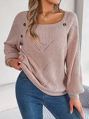 Openwork Buttoned Square Neck Sweater - Trendsi