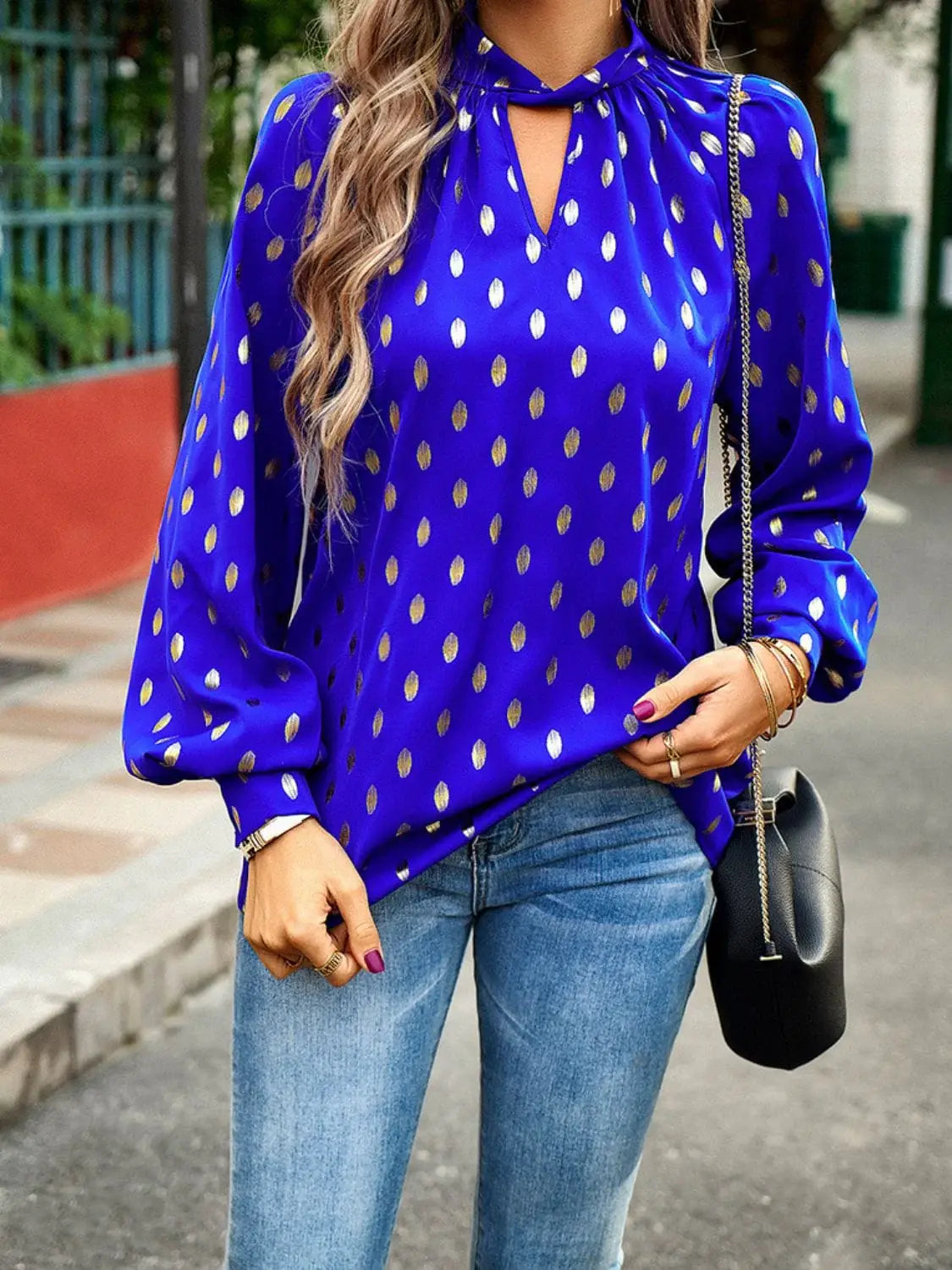 Mock Neck Cutout Lantern Sleeve Blouse - Trendsi - Flyclothing LLC