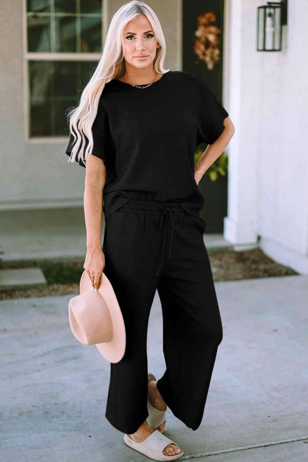 Short Sleeve Top and Pants Set - Trendsi - Flyclothing LLC