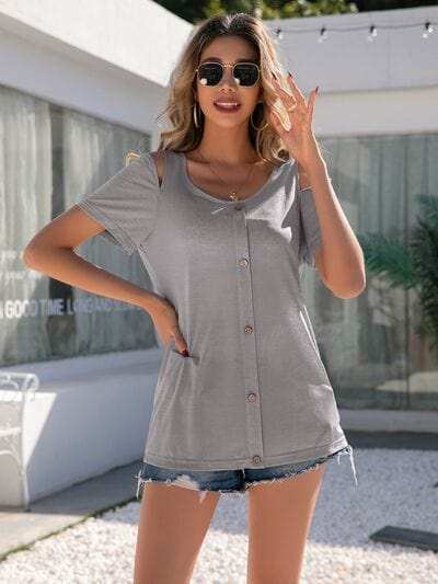 Decorative Button Round Neck Cold Shoulder T-Shirt - Trendsi - Flyclothing LLC