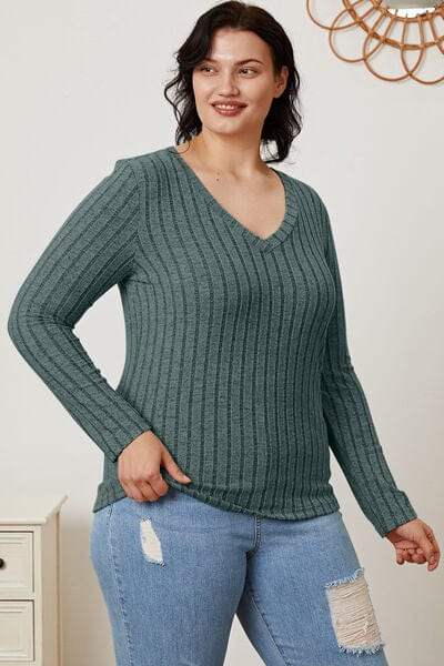 Basic Bae Full Size Ribbed V-Neck Long Sleeve T-Shirt - Trendsi - Flyclothing LLC