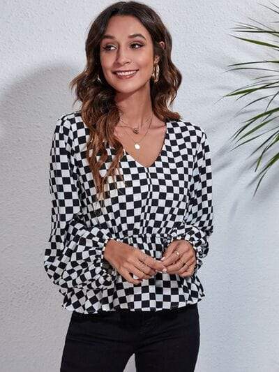 Checkered V-Neck Balloon Sleeve Peplum Blouse - Trendsi - Flyclothing LLC