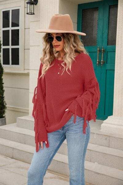Fringe Round Neck Dropped Shoulder Sweater - Trendsi - Flyclothing LLC