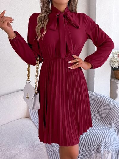 Tie Neck Balloon Sleeve Pleated Dress - Trendsi