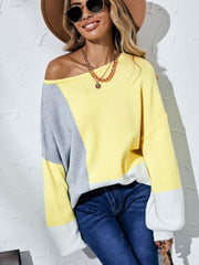 Color Block Balloon Sleeve Boat Neck Sweater - Trendsi