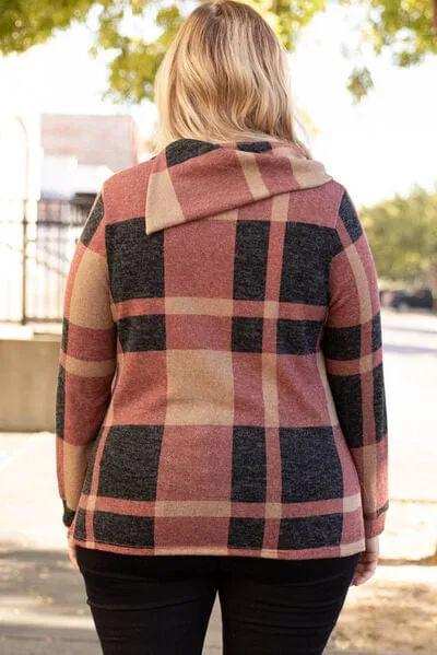 Plus Size Plaid Cowl Neck Long Sleeve Sweatshirt - Trendsi - Flyclothing LLC