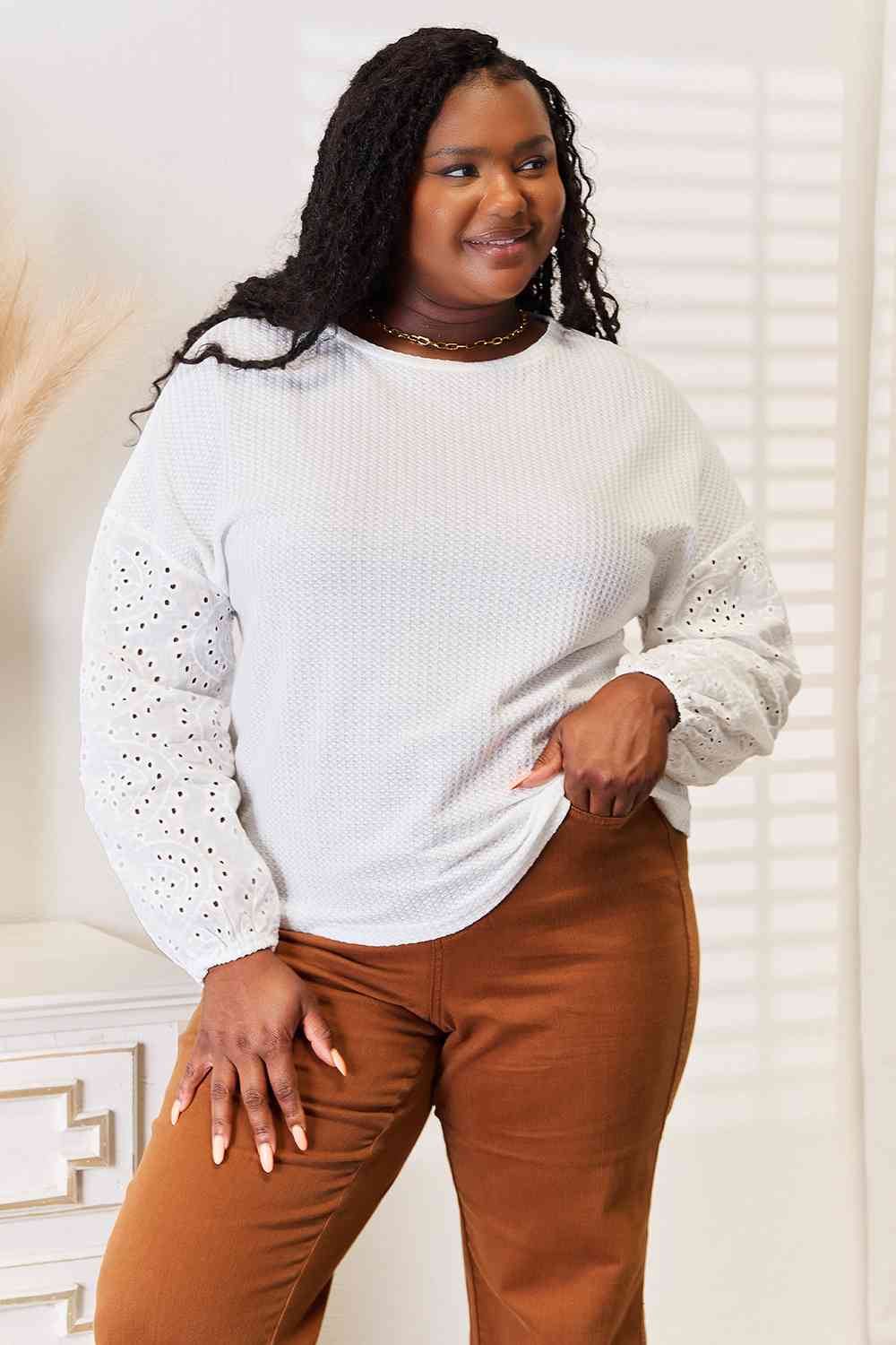 Double Take Eyelet Dropped Shoulder Round Neck Blouse - Trendsi - Flyclothing LLC