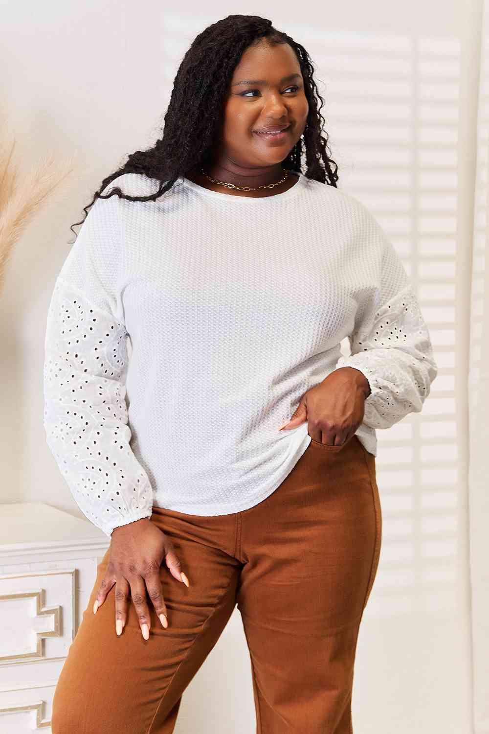 Double Take Eyelet Dropped Shoulder Round Neck Blouse - Trendsi
