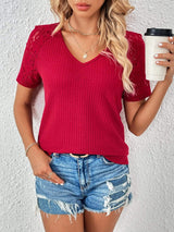 Lace Detail V-Neck Short Sleeve T-Shirt - Trendsi - Flyclothing LLC