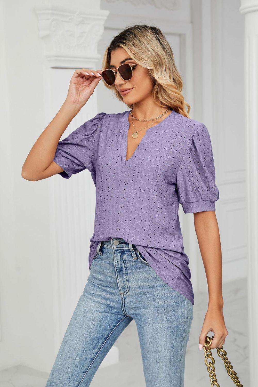 Eyelet Short Puff Sleeve Notched Neck Top - Trendsi - Flyclothing LLC