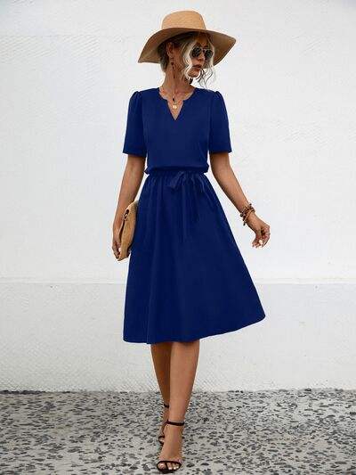Tied Notched Short Sleeve Dress - Trendsi - Flyclothing LLC