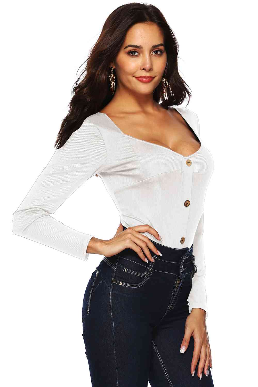 Button Detail Bodysuit - Trendsi - Flyclothing LLC