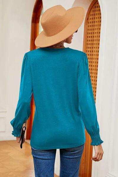 Lace Detail V-Neck Lantern Sleeve T-Shirt - Trendsi - Flyclothing LLC