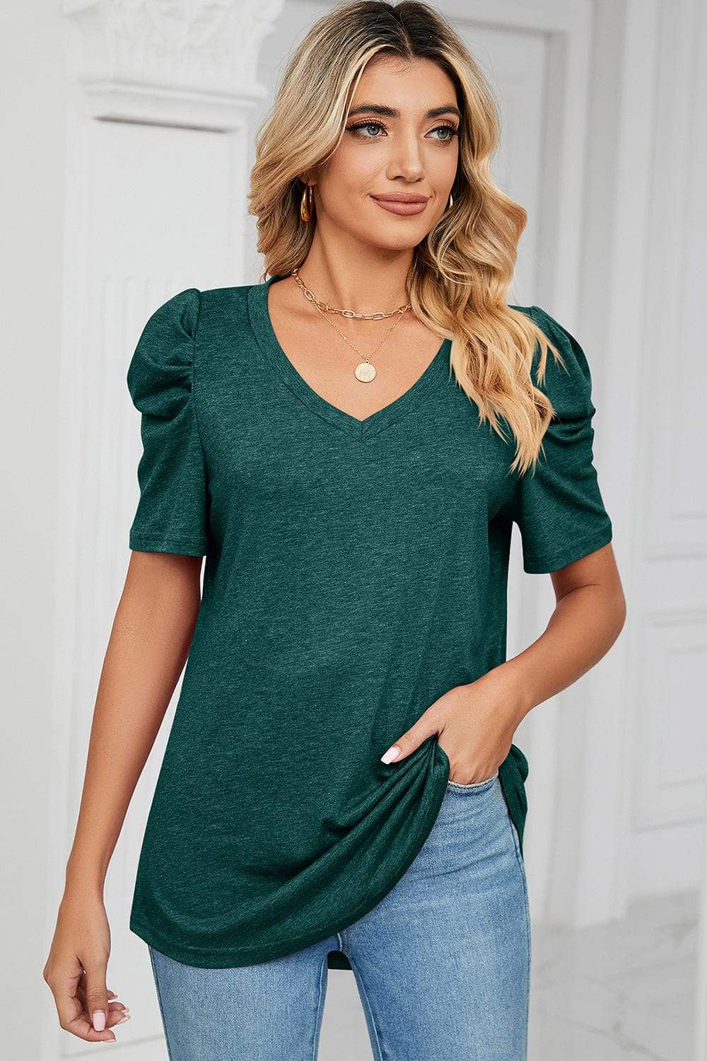 Heathered V-Neck Puff Sleeve T-Shirt - Trendsi - Flyclothing LLC