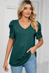Heathered V-Neck Puff Sleeve T-Shirt - Trendsi - Flyclothing LLC