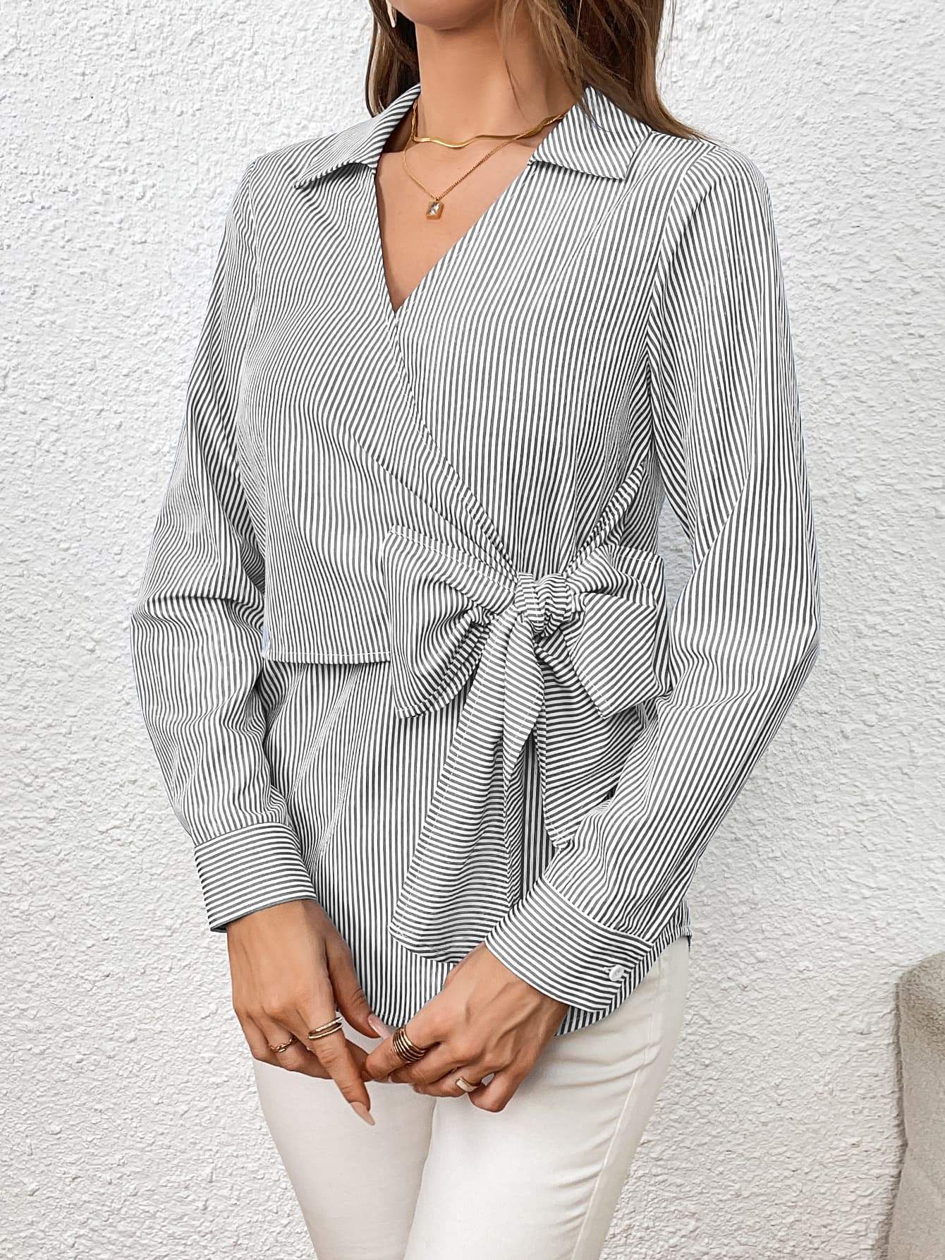 Bow Tie Waist Johnny Collar Neck Striped Blouse - Trendsi - Flyclothing LLC