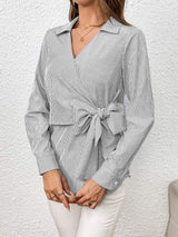 Bow Tie Waist Johnny Collar Neck Striped Blouse - Trendsi - Flyclothing LLC