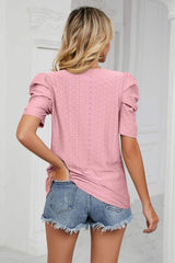 Eyelet Puff Sleeve Round Neck Blouse - Trendsi - Flyclothing LLC