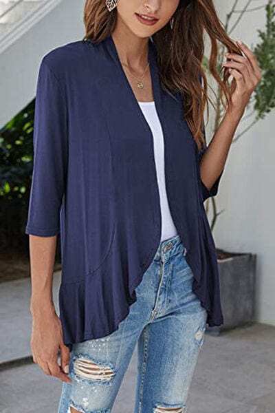Open Front Three-Quarter Sleeve Cardigan - Trendsi - Flyclothing LLC
