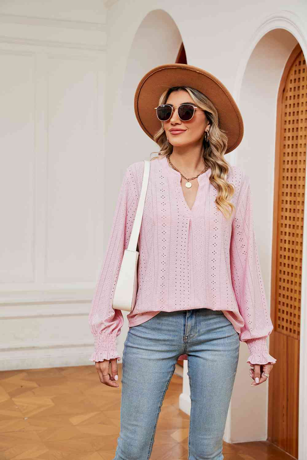 Notched Neck Flounce Sleeve Blouse - Trendsi - Flyclothing LLC