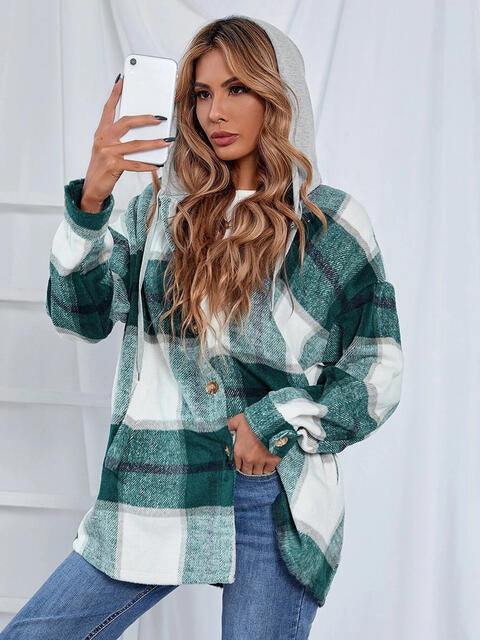 Plaid Hooded Jacket with Pockets - Trendsi