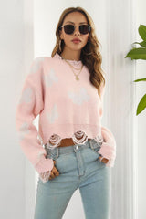 Printed Round Neck Ribbed Long Sleeve Sweater - Trendsi